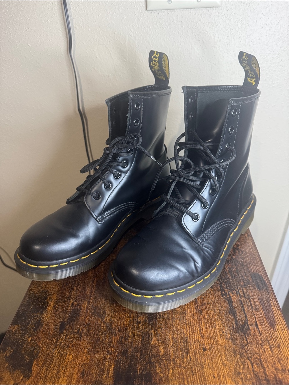 Dr. Martens Black Leather 8-Eye Lace-Up Combat Boots with Yellow Stitching